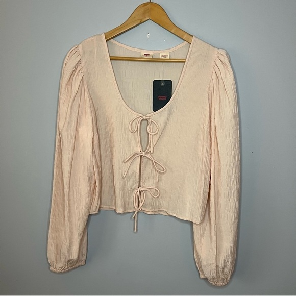 Levi’s Fawn Tie Ruched Stripe Sunny Cream White Blouse Size XLarge NWT - Picture 3 of 16